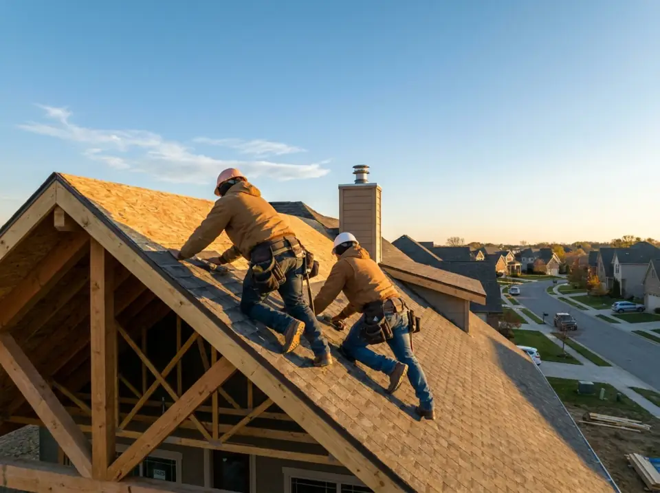 Roofers installing shingles